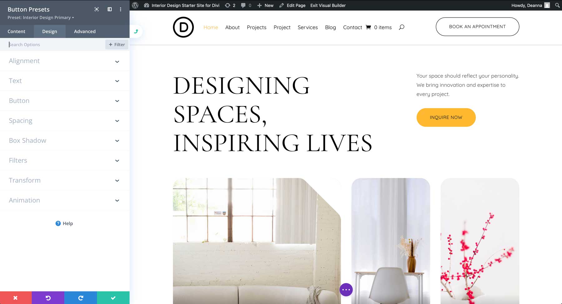 Interior Design starter site for Divi