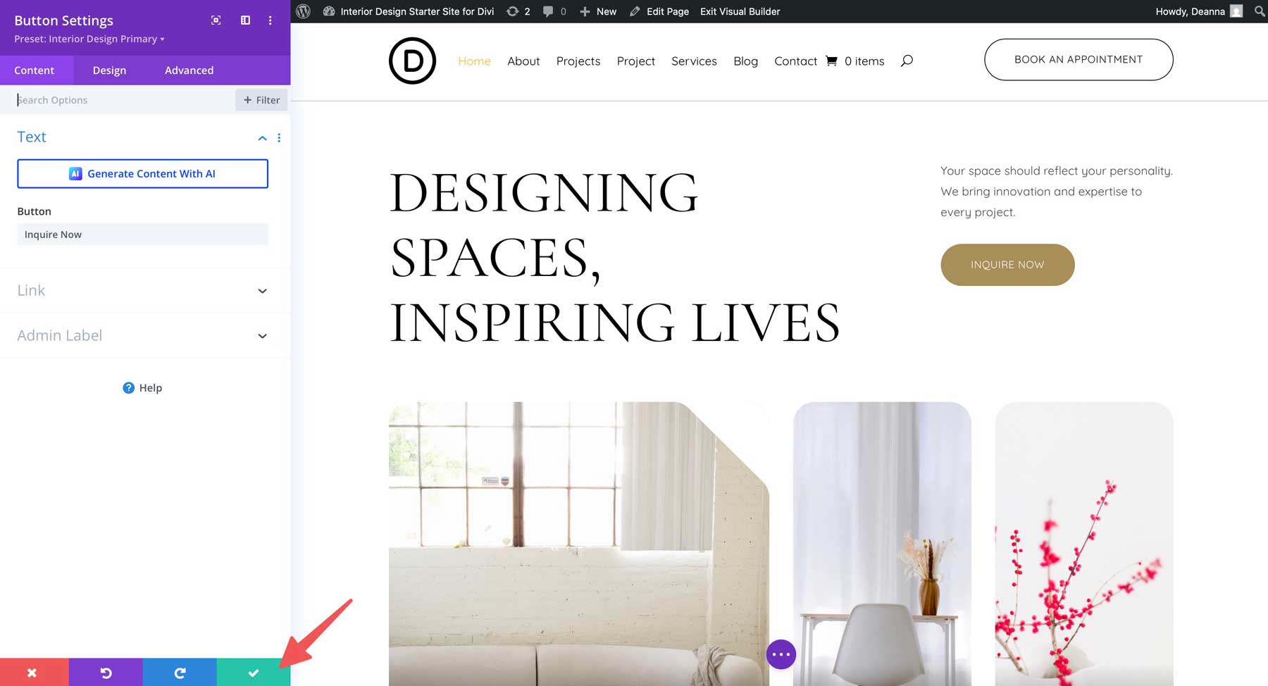 Interior Design starter site for Divi