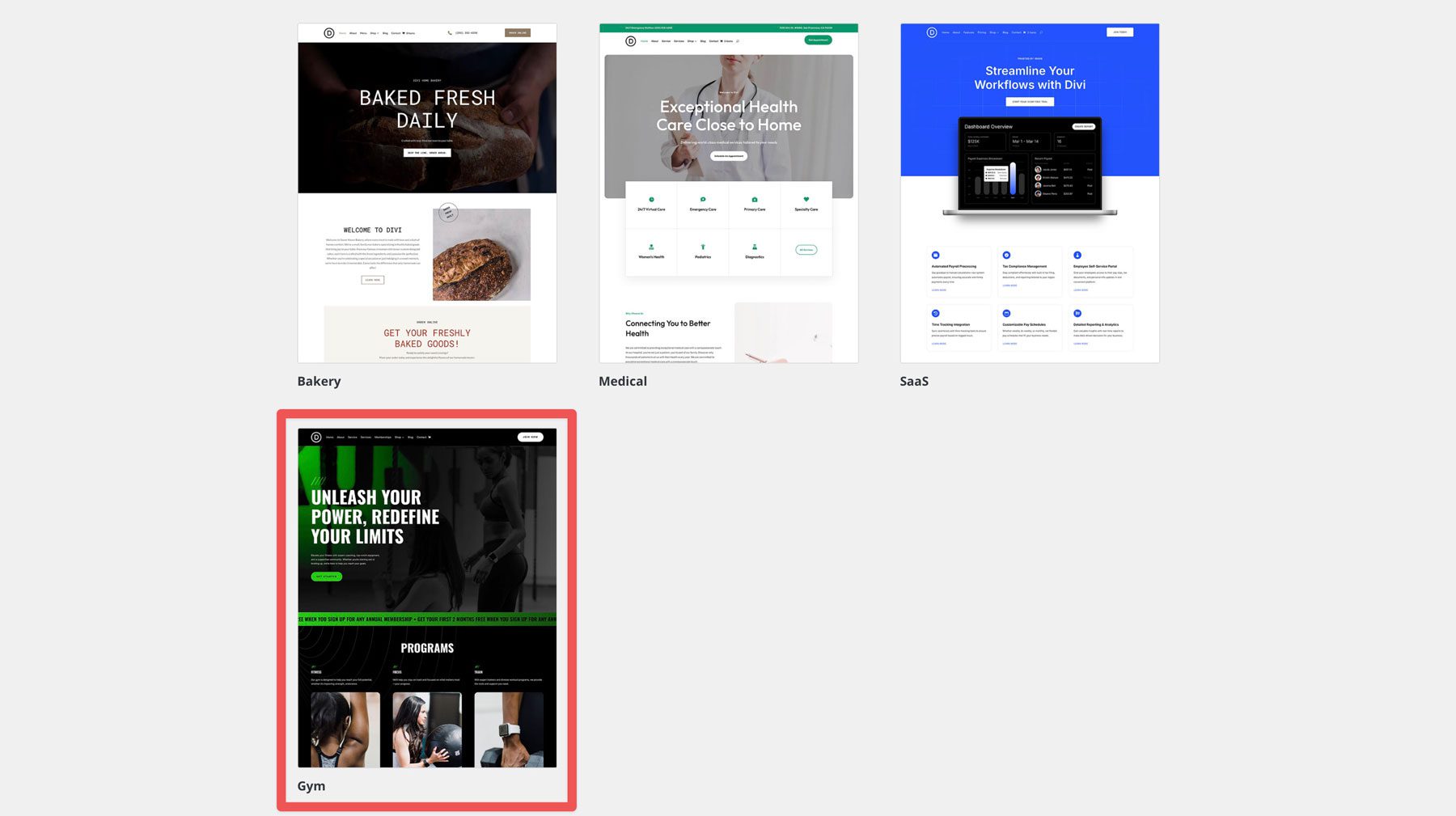 gym starter site for Divi