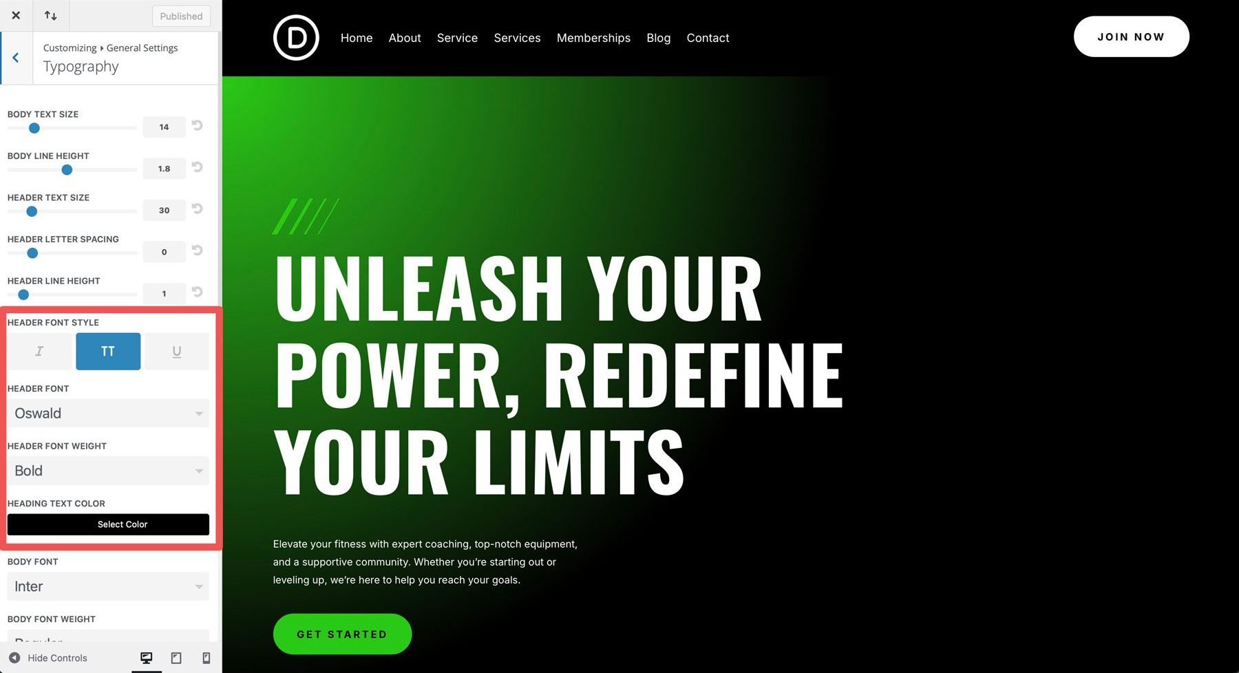 gym starter site for Divi