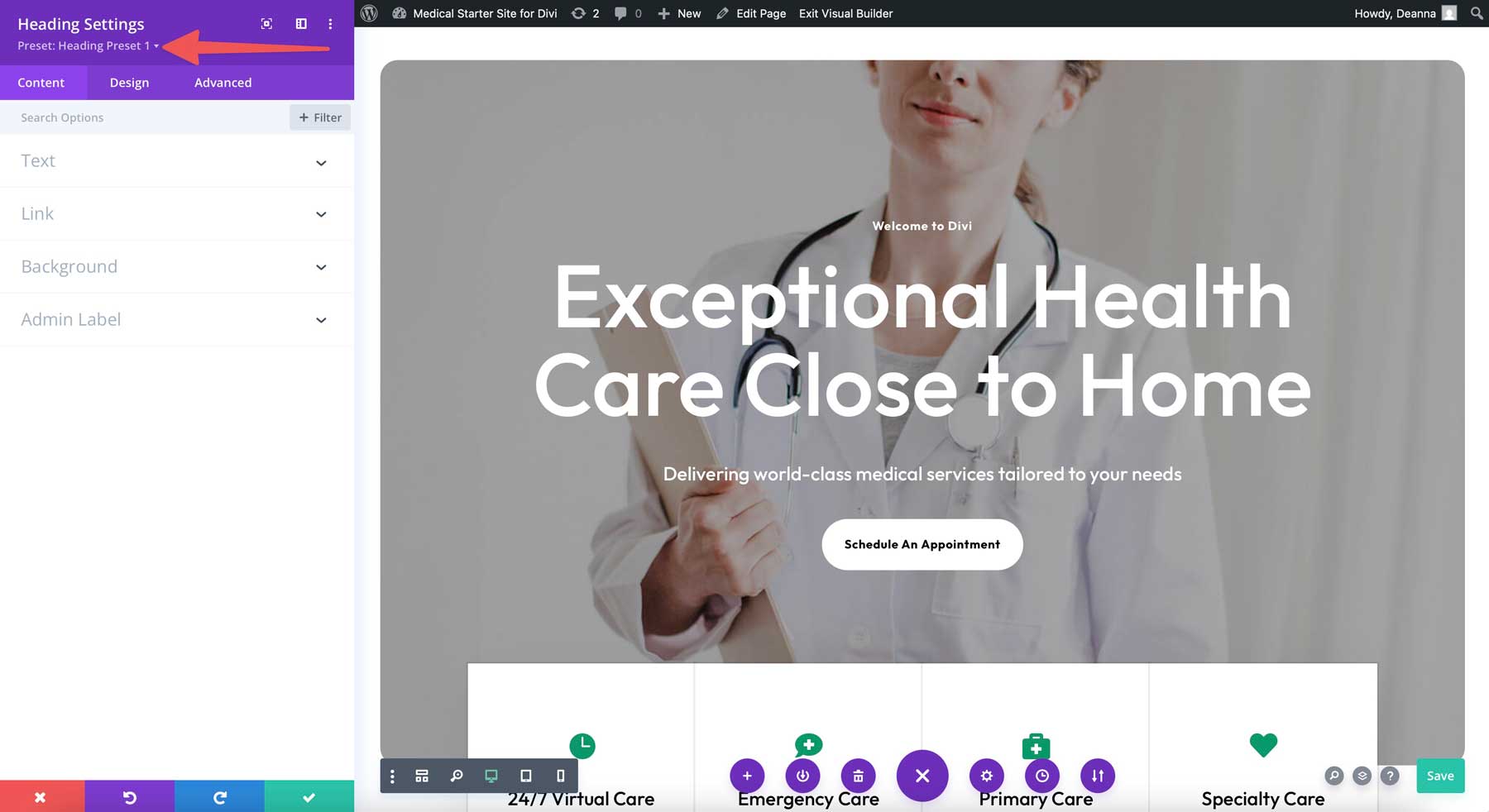 medical starter site for Divi