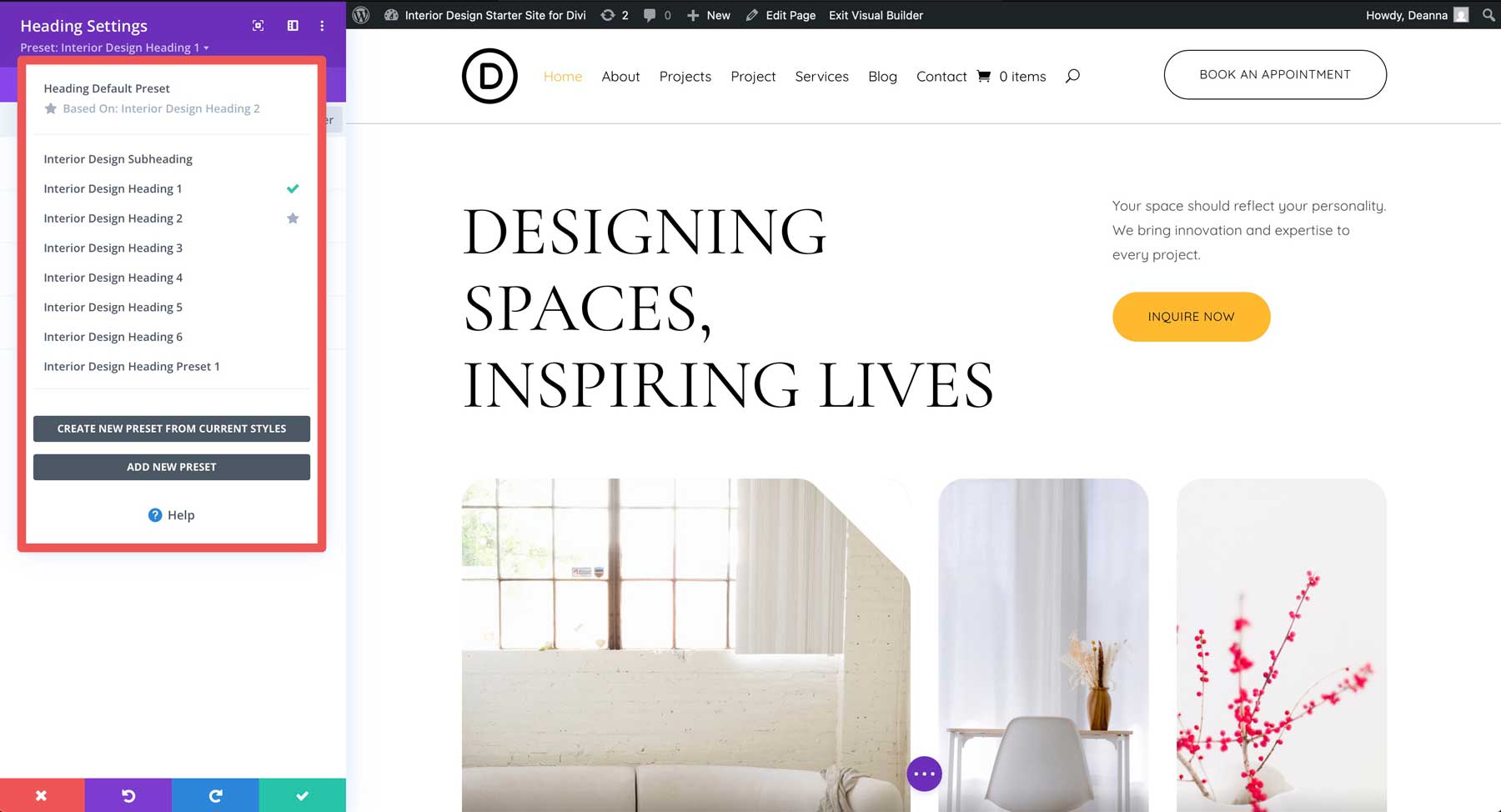 Interior Design starter site for Divi