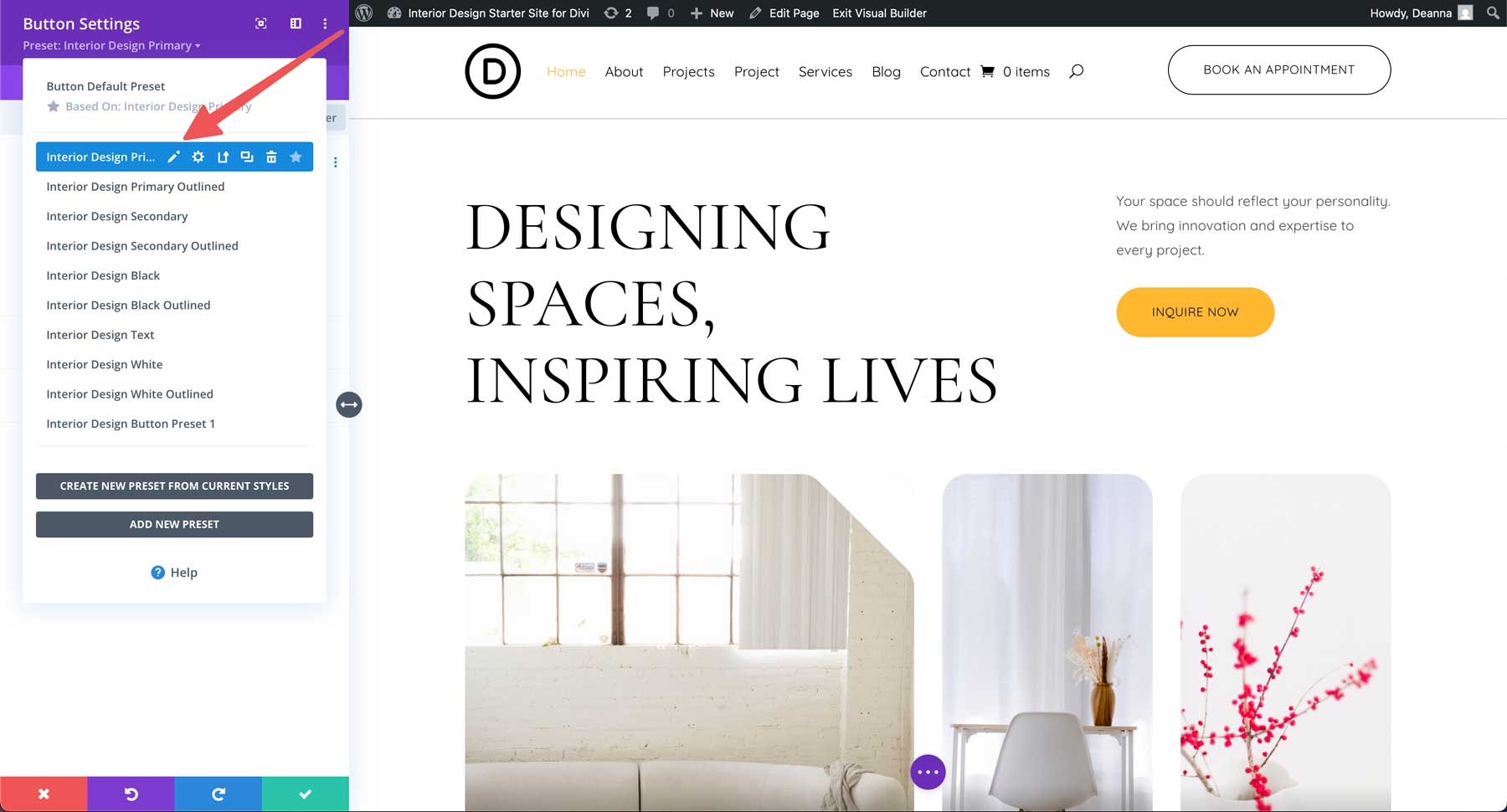 Interior Design starter site for Divi