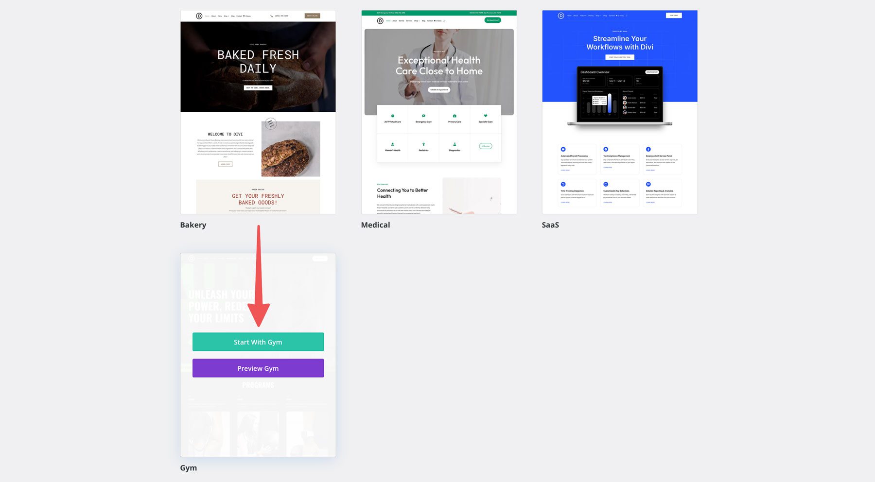 gym starter site for Divi