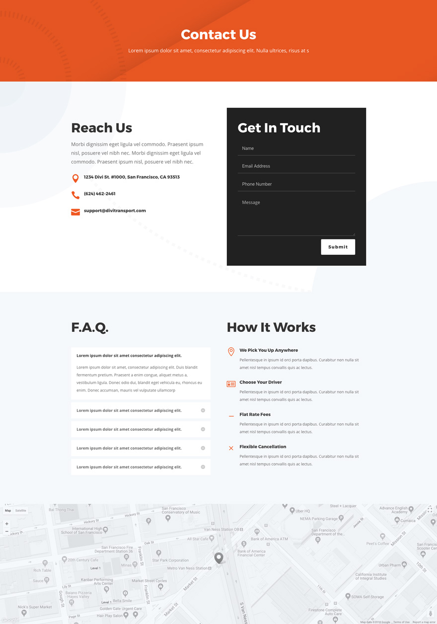 Transportation Services Contact Page Divi Layout by Elegant Themes