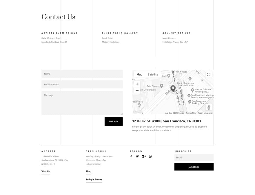 Art Gallery Contact Page Divi Layout by Elegant Themes