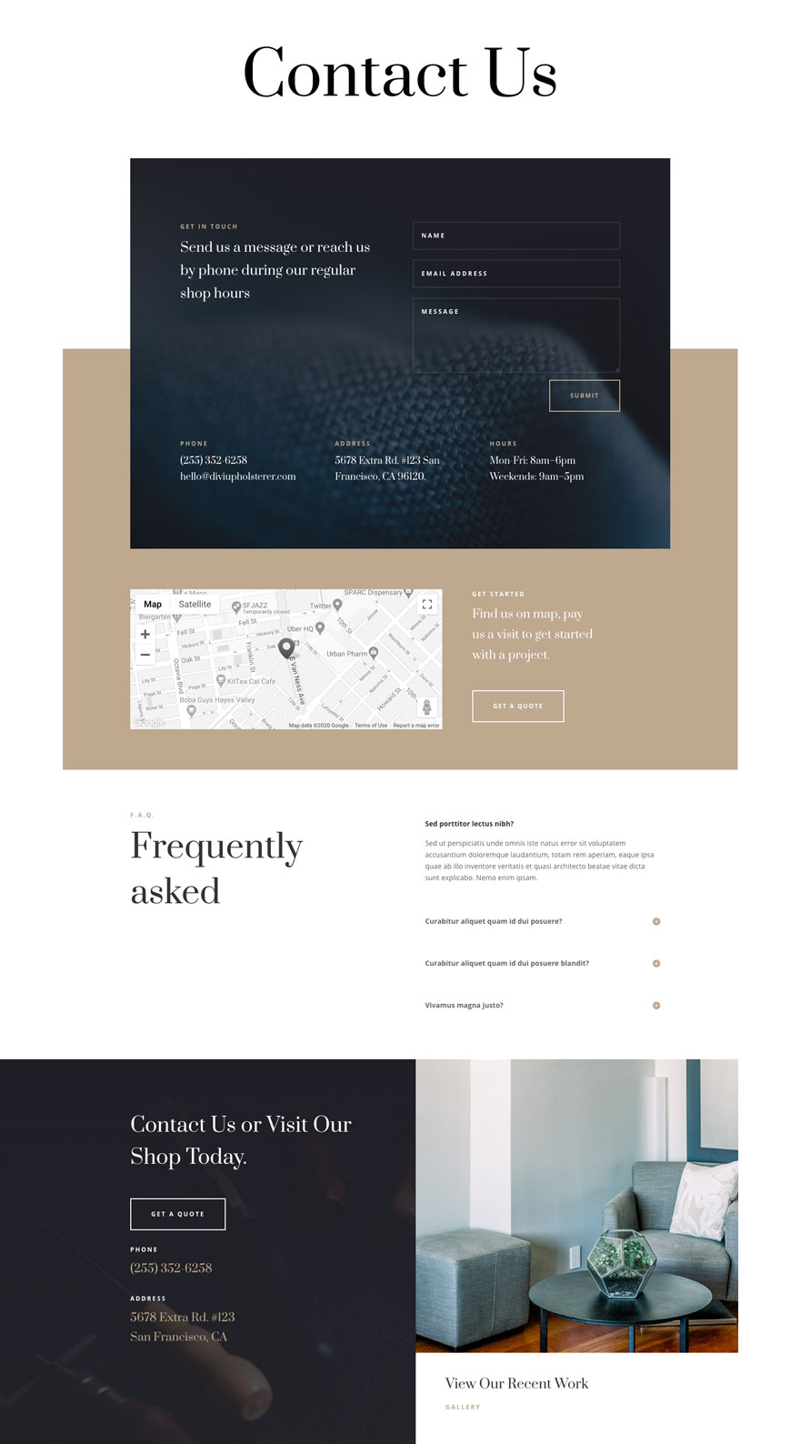 Upholstery Contact Page Divi Layout by Elegant Themes