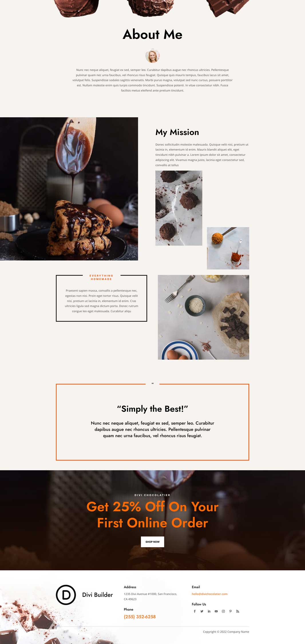 Chocolatier About Page Divi Layout by Elegant Themes