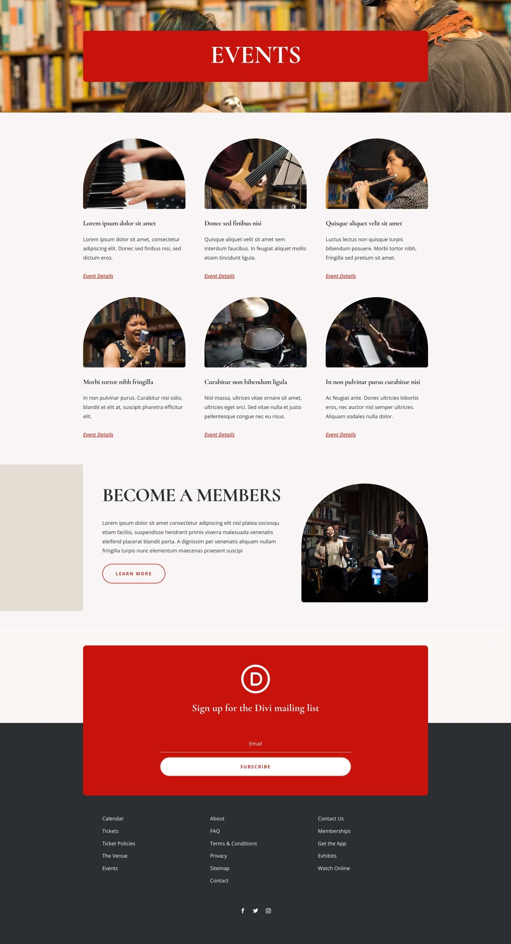 Concert Hall Events Page Divi Layout by Elegant Themes