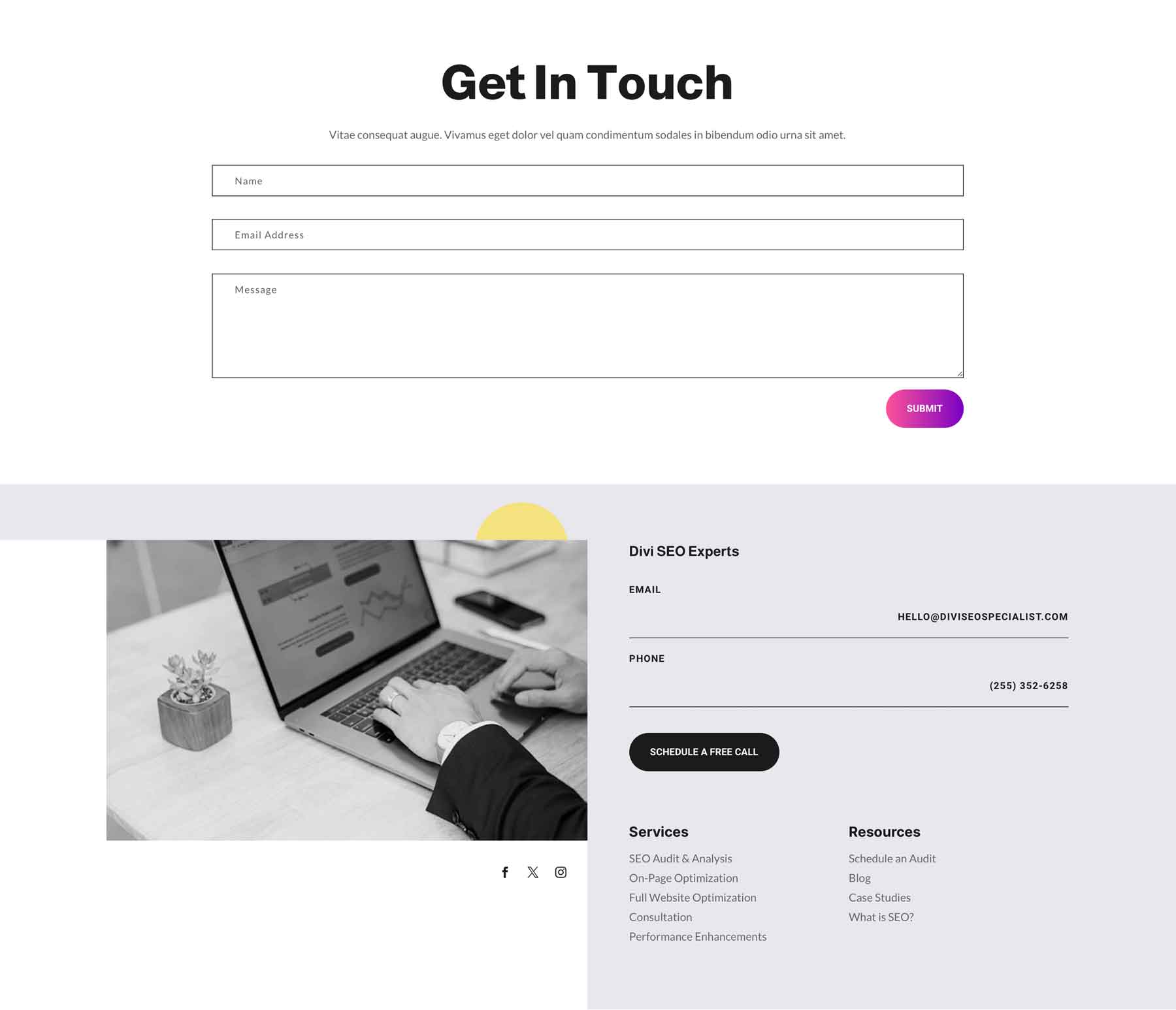 SEO Specialist Contact Page Divi Layout By Elegant Themes